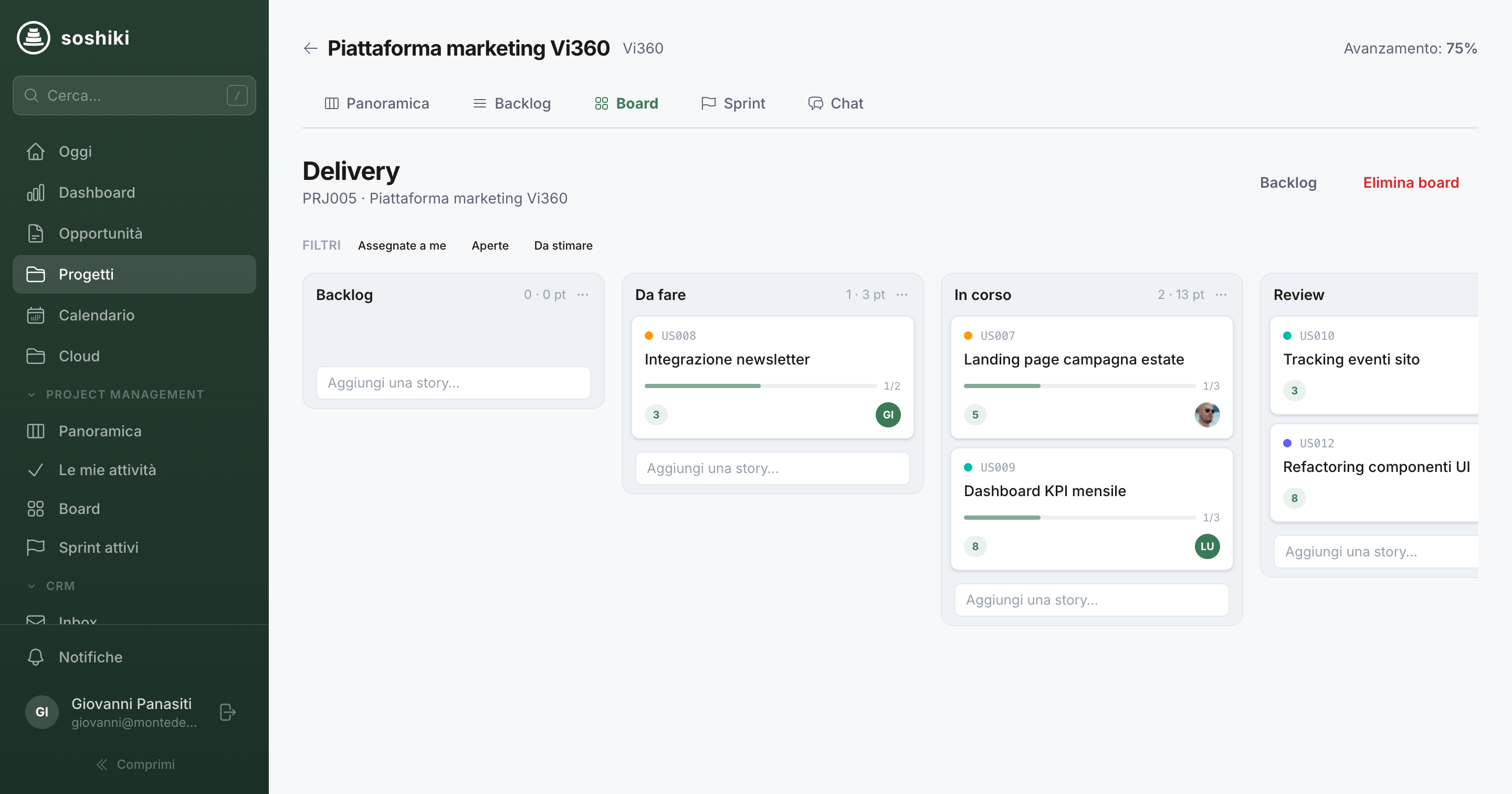Kanban board with backlog, to-do, in-progress and review columns