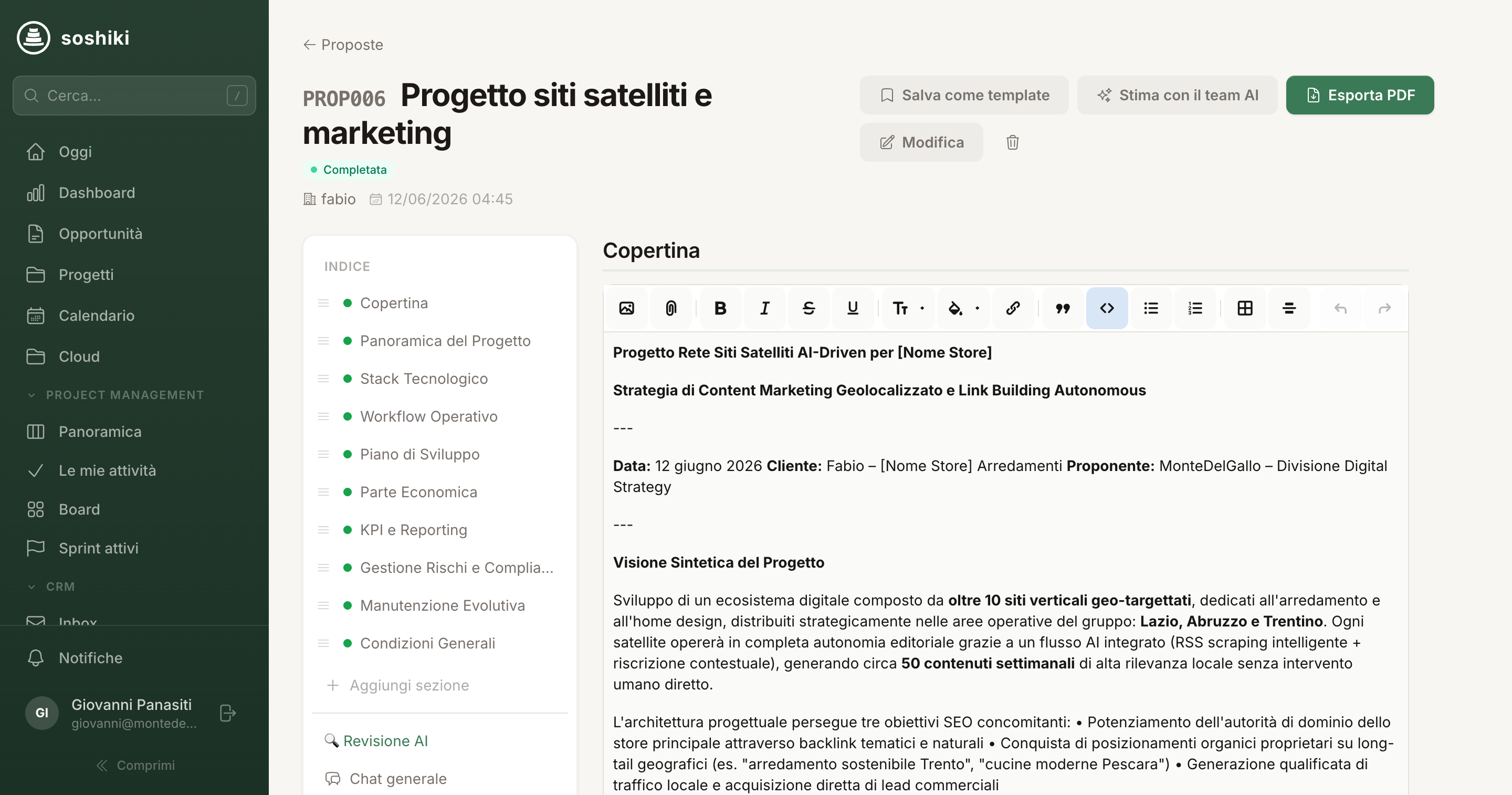 Proposal editor with a section index, rich text and AI actions